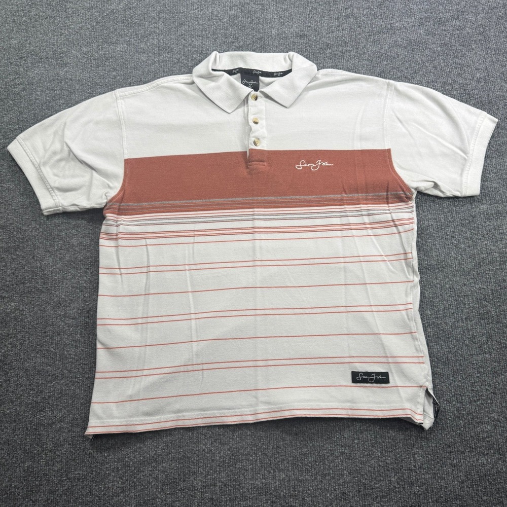 Sean John Polo Shirt Mens XL White Orange Striped Embroidered Logo Y2K Hip Hop